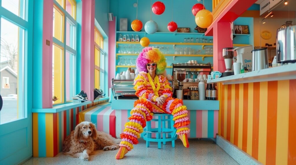 A woman in a crazy colorful outfit creates some content marketing.