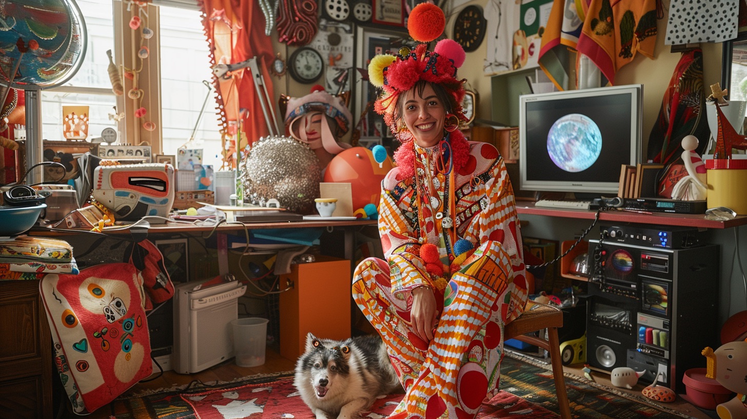 A woman sits in her boring home office dressed in a vibrant colorful costume while she does content marketing.