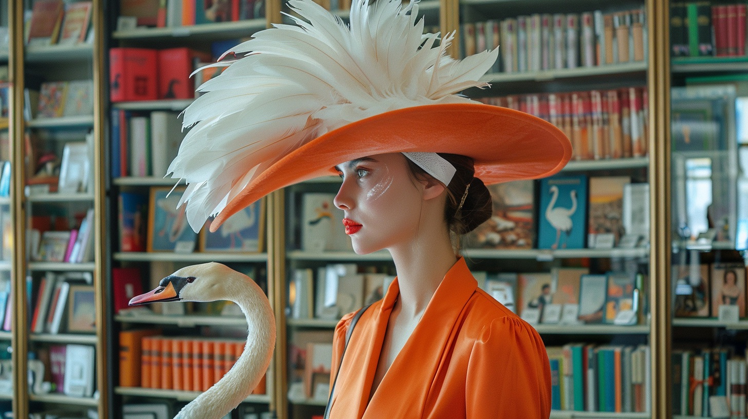 A woman wearing a swan hat looks at ebook cover design ideas.
