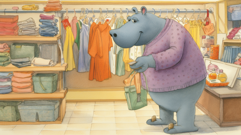 Pretty happy hippo goes shopping because she learned how to make extra money every month. 