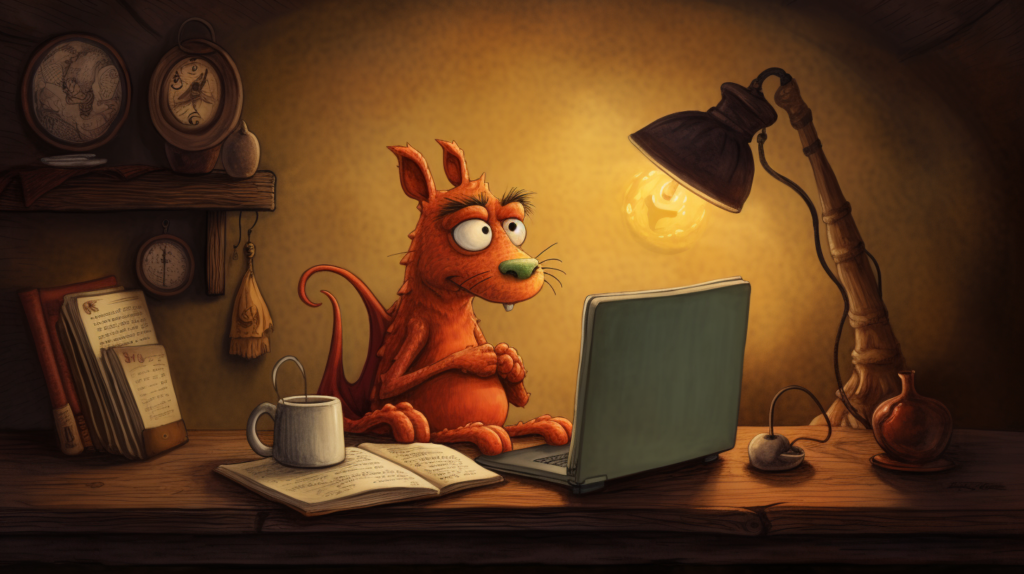 The importance of ebook cover design ideas. Baby dragon at a laptop designing an ebook cover.