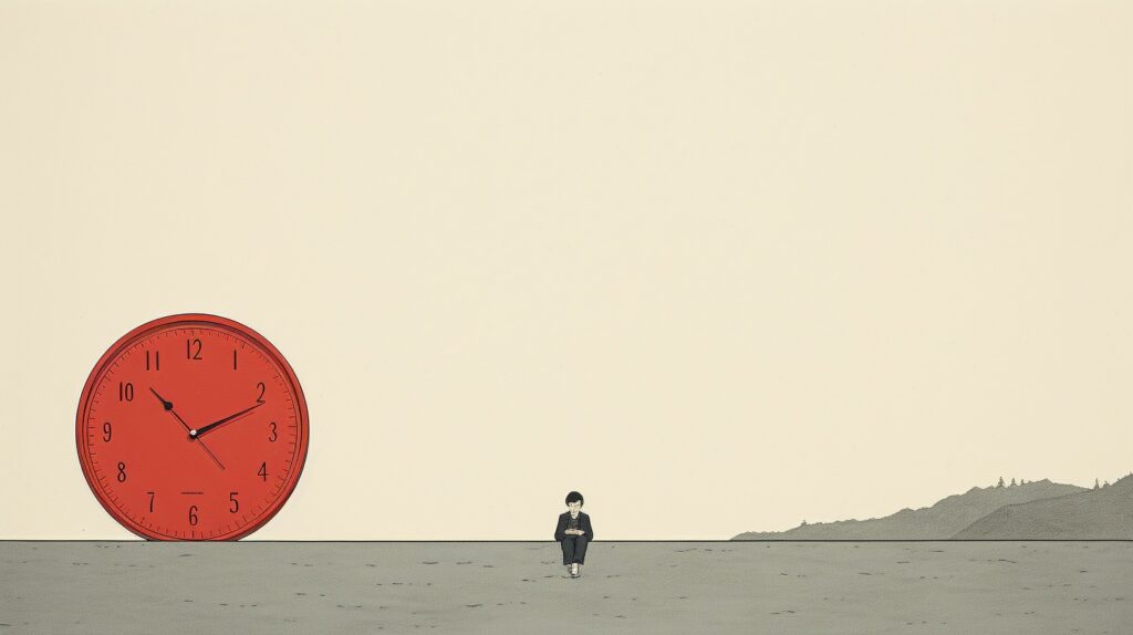 ChatGPT productivity prompts to help this woman sitting on a hill under a giant red clock. 