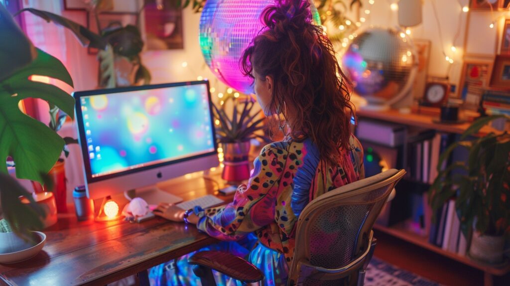 a woman in a vibrant outfit sits at her computer in her home office wondering about the best digital products to sell online. 