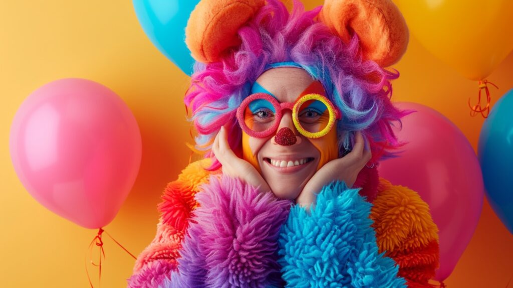 A happy person in a crazy colorful costume is excited about digital product ideas.