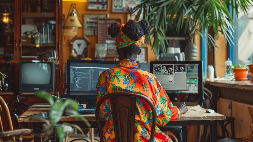 A woman sits in a drab office looking at her computer screens. She is wearing vibrant clothing while she learns about how to make and sell printables. 