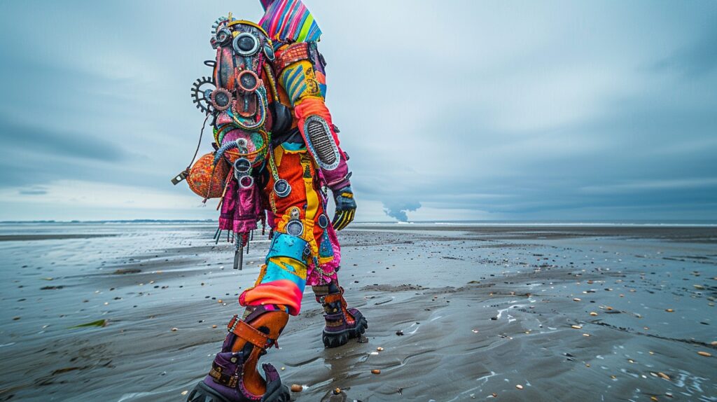 A man in a wild and bright costume walks on the beach. He followed his passive income ideas.