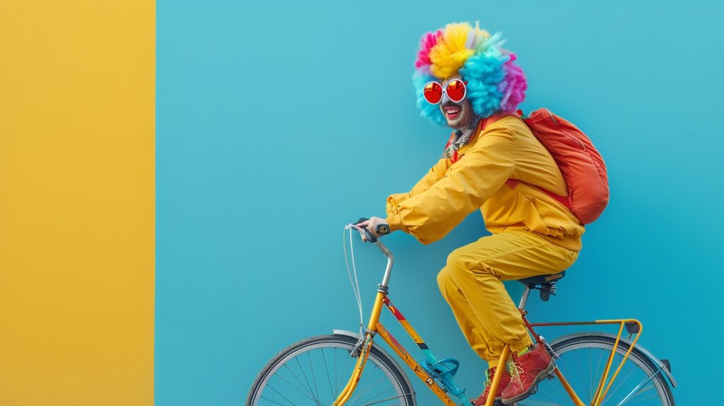 A man in a bright colorful costume riding his bike. he just learned about conversion funnels.