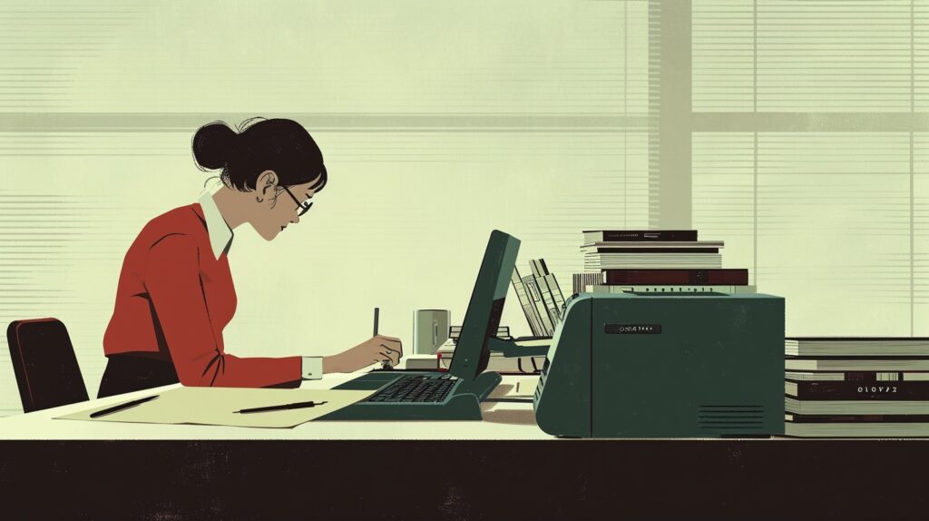 A woman blogger sits at a desk blogging. Is blogging dead?