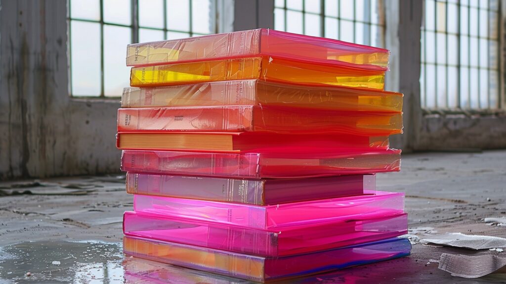 A stack of translucent ebook cover design ideas.