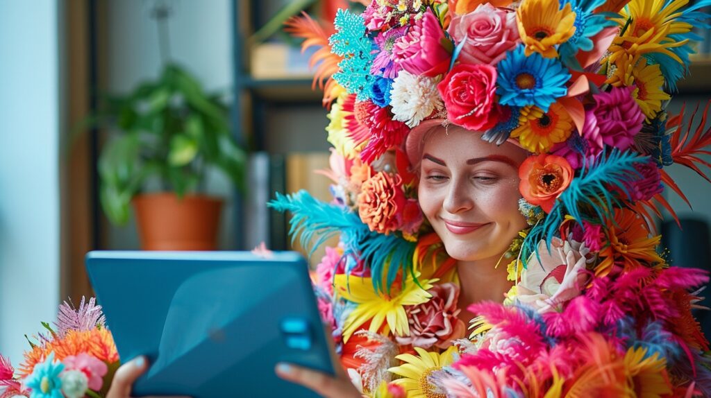 A woman wearing a colorful floral costume reads about ebook affiliate marketing
