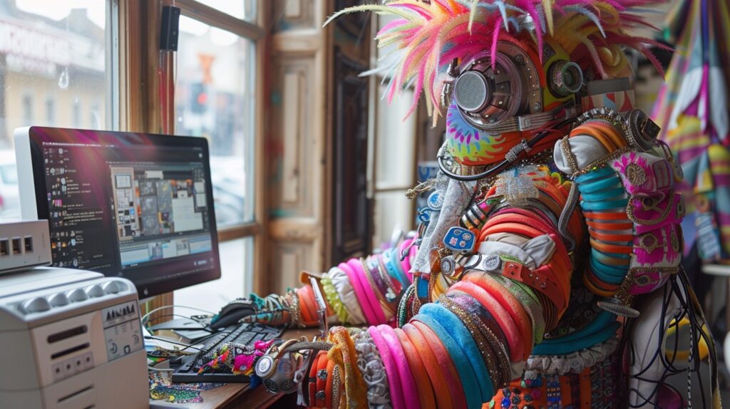 A person in a wild costume is learning to make extra money online. 